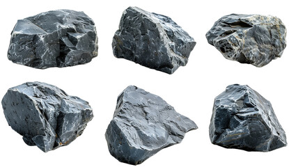 Set of 6 pieces of gray stones, black stones, charcoal, nature, isolated on white, in different positions, realistic, 3D - obrazy, fototapety, plakaty