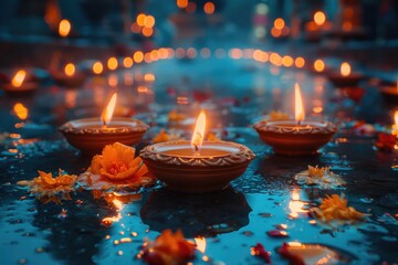 Lit tealight candles in carved bowls with orange marigold flowers on a blue textured background - obrazy, fototapety, plakaty