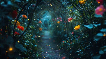 Fototapeta na wymiar Enchanted garden adorned with fireflies, revealing hidden wonders and colorful flowers.