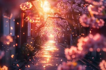 Sakura trees alley tunnel in early spring with sunset 