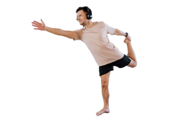 A man is performing a yoga pose as part of a warm-up exercise in fitness clothing. The background is transparent and isolated.

