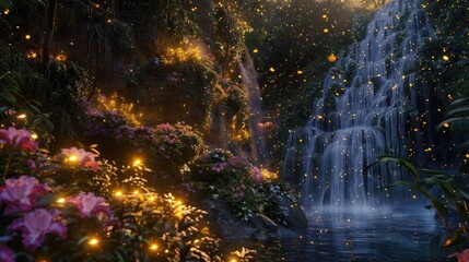 A hidden fairytale garden at dusk, glowing with fireflies and cascading waterfalls.