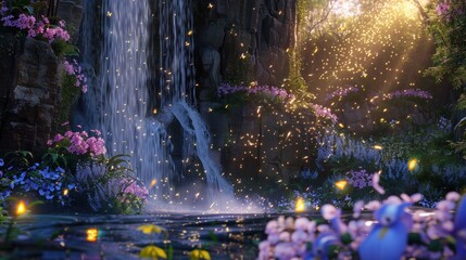 Glowing fireflies illuminate hidden fairytale garden at dusk. Garden transformed into realm of magic. Fireflies flit among blossoms like stars fallen from heavens.