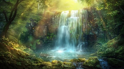 Mystical forest waterfall with sunlight filtering through the trees.