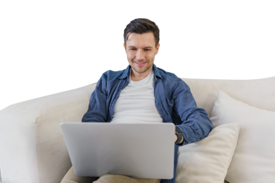 A positive individual is seen relaxing while surfing the internet on a laptop and conducting online activities. The background is transparent and isolated.
