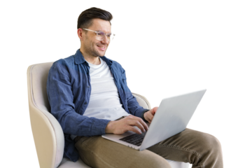 A freelance man is relaxing surfing the Internet using a laptop. Isolated transparent background.
