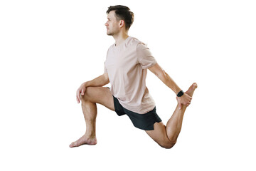 Fototapeta premium A man is seen doing a workout in fitness attire, engaging in warm-up exercises for his body. The background is a transparent image that allows the viewer to focus on the subject. 