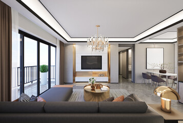 The modern luxury interior of the living room is bright and clean. 3D illustration