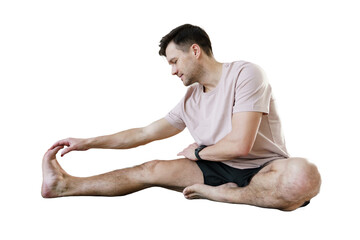A flexible man doing a workout in fitness clothes, a warm-up exercise for the body. Isolated...