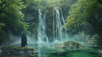 Tranquil Waterfall Scene. A lone figure stands at a pool beneath a majestic waterfall, inspired by Japanese woodblock prints. - obrazy, fototapety, plakaty