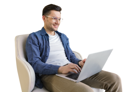 A freelance man is relaxing surfing the Internet using a laptop. Isolated transparent background.