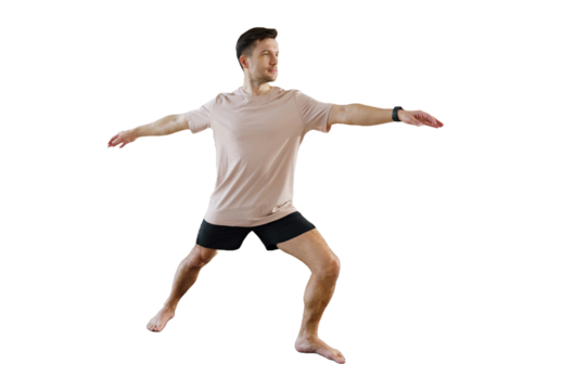 A yoga instructor, wearing a T-shirt and fitness attire, is performing a warm-up routine for their students. The background is transparent and isolated.
- Powered by Adobe