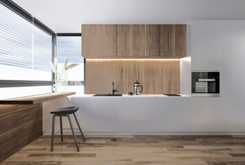 Modern Kitchen interior,with white cabinet, top table white marble. 3D illustration
