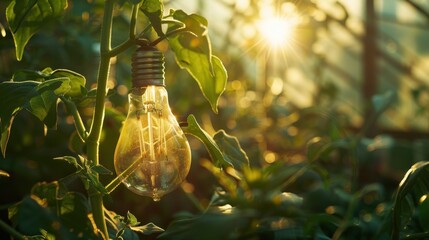 In sunlit greenhouse, translucent light bulb radiates warm, nurturing glow. Tender plant shoots emerge, vibrant green - obrazy, fototapety, plakaty