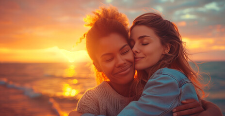 happy couple kissing at sunset,ai