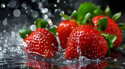 Red strawberries with green leaves, falling into the water and splashing with droplets.