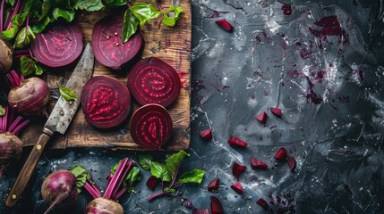 Fresh beetroots with leaves on a wooden cutting board and scattered pieces on a dark background