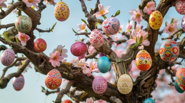 Decorated Easter eggs hanging on flowering tree branches.
