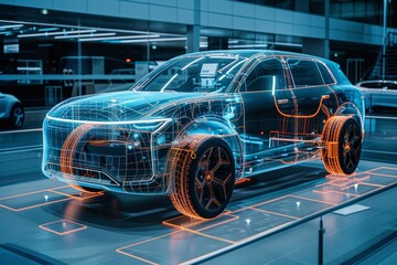 Futuristic Car Design with Wireframe on Display