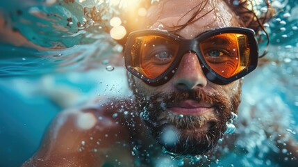 Close-up of a man underwater with goggles. Water sports and adventure concept - obrazy, fototapety, plakaty