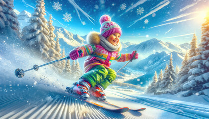 child skiing with lots of fun - obrazy, fototapety, plakaty