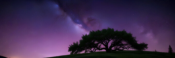Night sky with milky way, stars and big tree. Panorama - obrazy, fototapety, plakaty