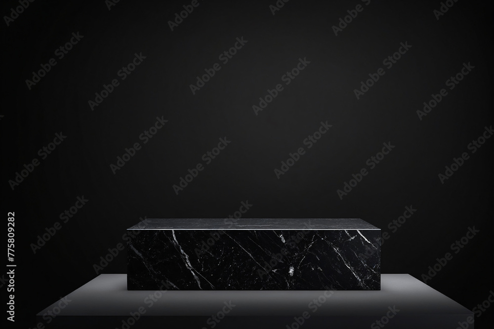 Poster black podium on black background for display product material from black stone can be use for presen