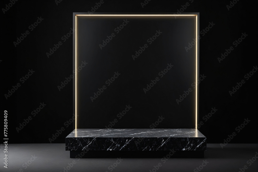Poster black podium on black background for display product material from black stone can be use for presen