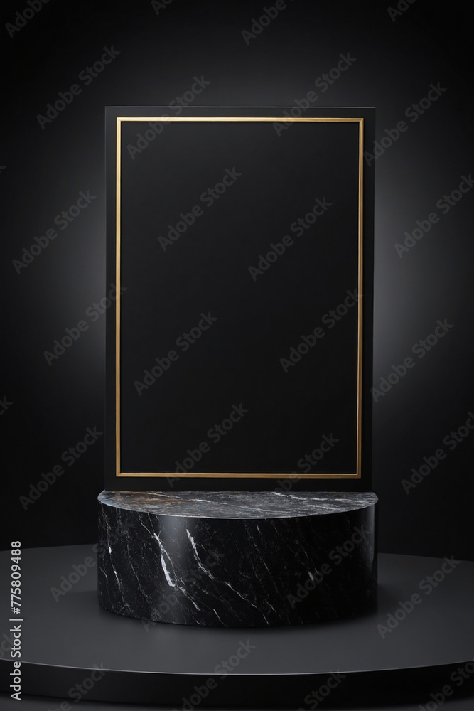 Poster black podium on black background for display product material from black stone can be use for presen