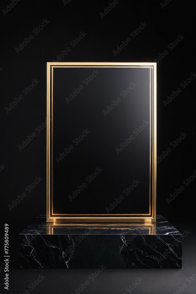 Poster black podium on black background for display product material from black stone can be use for presen