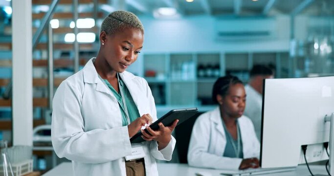 Black woman, scientist and smile with tablet for results or report as healthcare worker. Female person, digital app and website for information or treatment guidelines, database or online schedule