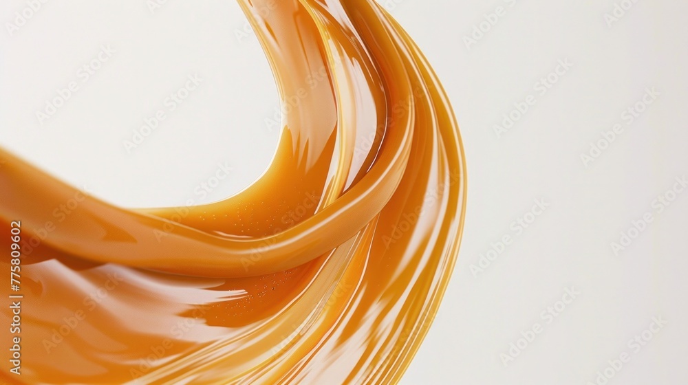 Poster flowing caramel sauce with smooth texture creating visually appealing swirl on light background. ide