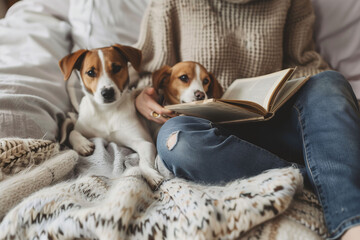 Obraz premium A woman reading a book comfortably on her sofa accompanied by her two friendly dogs. Home, pets and relaxation concept.