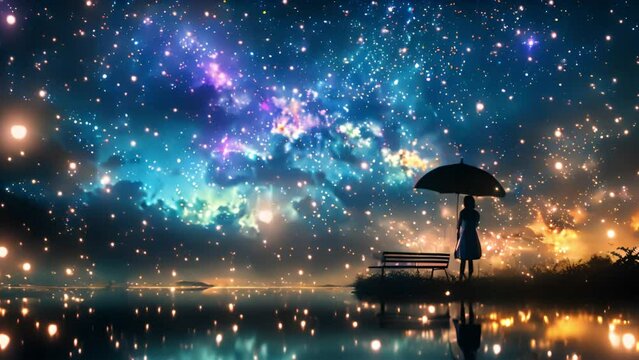 Colorful night with Galaxy stars in the universe. Young girl silhouette with umbrella watching the milky way 4k video
