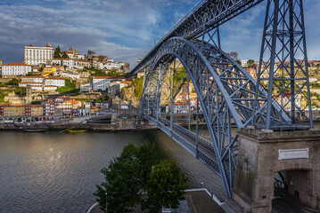 Dom Luis I Bridge over Douro River, view with Porto riverside, Portugal
