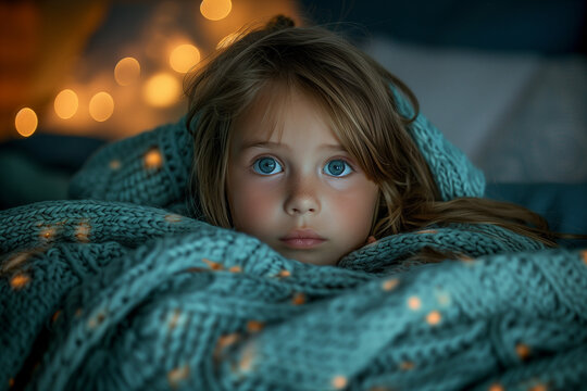 Cute little girl with scary eyes under the blanket in her bed in night dark room