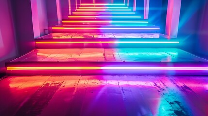 Neon Background Abstract with Light Shapes line diagonals on colorful and reflective floor party