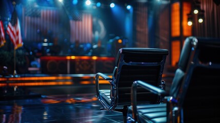 Professional black office chair in well-lit television studio set, awaiting guest or presenter for upcoming broadcast. Behind-the-scenes media production.