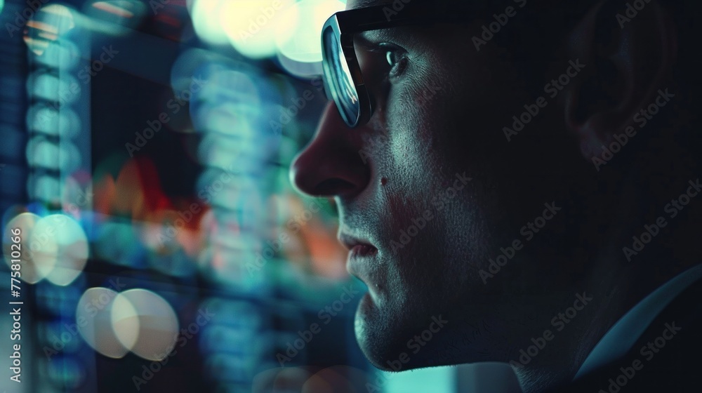 Aufkleber focused businessman analyzing data on computer screens in dimly lit office. corporate strategy and a
