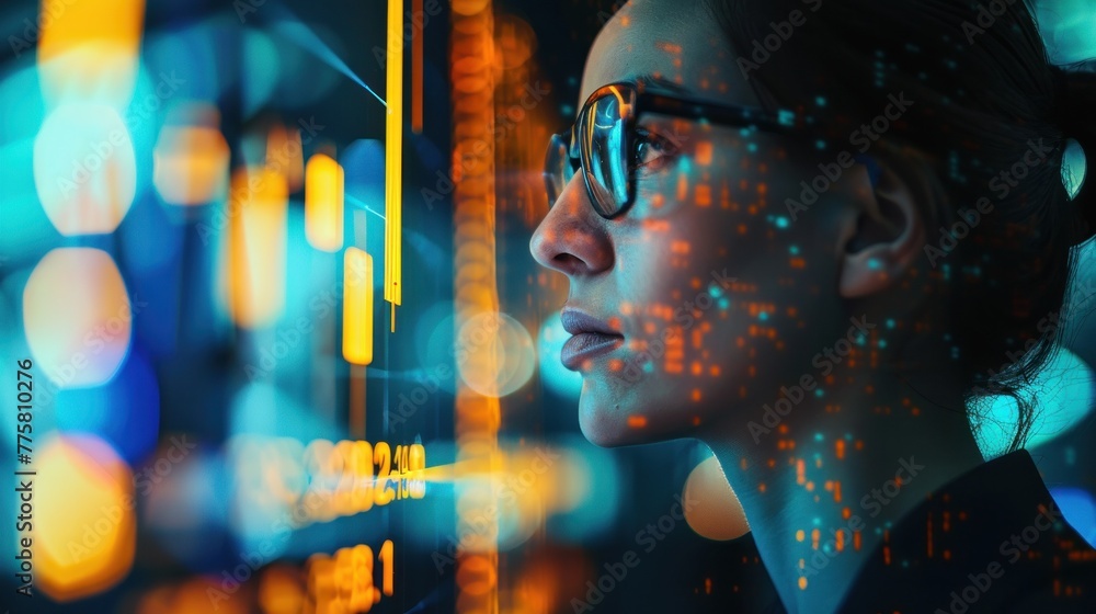 Aufkleber focused professional woman analyzing data projections on digital screens with futuristic interface. 