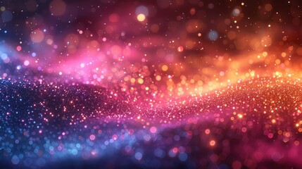 Glittering gradient background with hologram effect and magic lights. Holographic abstract fantasy backdrop with fairy sparkles, gold stars and festive blurs - obrazy, fototapety, plakaty