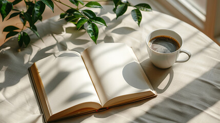 Morning Coffee Break with Open Book - obrazy, fototapety, plakaty