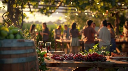 Rustic outdoor winery event with people enjoying wine tasting at dusk, decorated with ambient string lights and fresh grapes on table. Wine culture and social gatherings. - obrazy, fototapety, plakaty