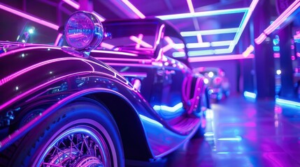 Vintage cars on display illuminated by neon lights, showcasing classic automotive design and retro style in vibrant night setting. Automobile appreciation and history. - obrazy, fototapety, plakaty