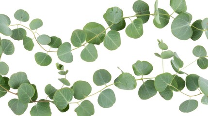 Obraz premium Green eucalyptus branches arranged diagonally across white background, providing natural and fresh composition. Botanical elements for clean design work and presentation.