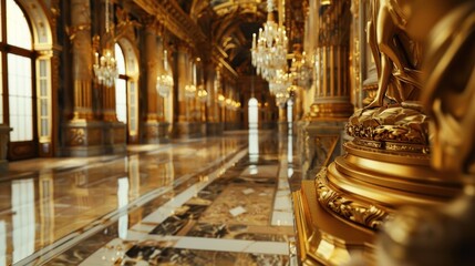 Opulent grand hall with golden details and crystal chandeliers reflecting on polished marble...