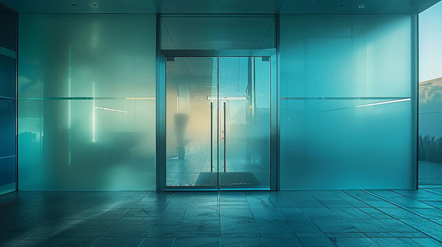 Frosted glass office door opens to modernity
