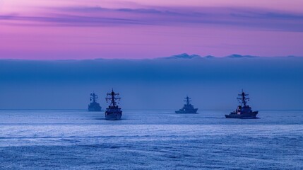 Naval fleet on mission at dusk, silhouetted warships on horizon under gradient twilight sky. Maritime military strength and defense.