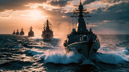 Naval military fleet on mission at sunset with dramatic ocean waves. Defense and maritime security.