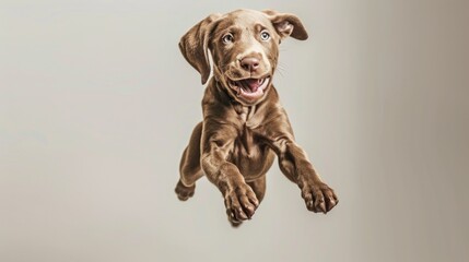Energetic chocolate Labrador retriever puppy mid-jump against neutral background, capturing essence...